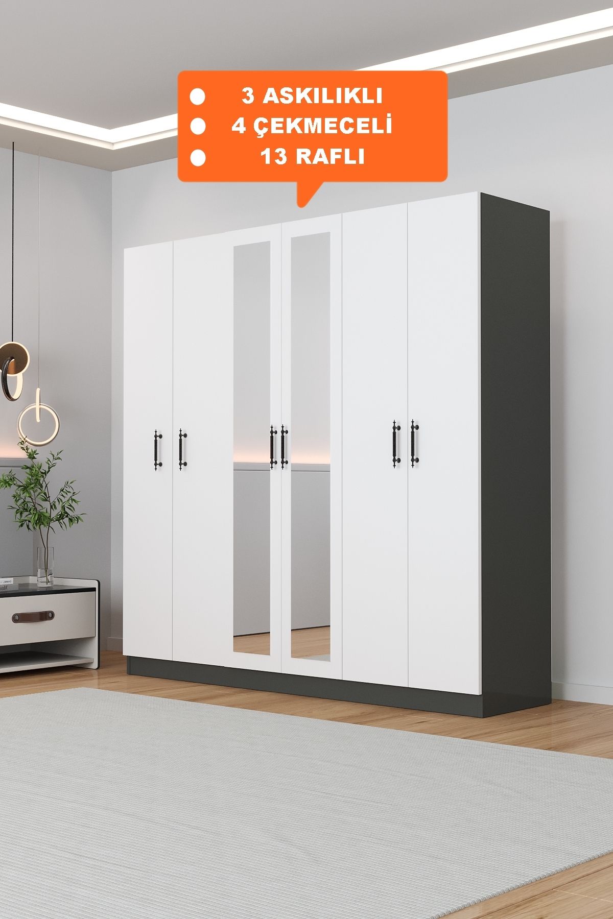 AEKA Ae-2116 Kale Aynalı Antrasit/Beyaz, 6 Kapaklı Gardırop, 13 Raflı, 3 Askılıklı 180 Cm Dolap