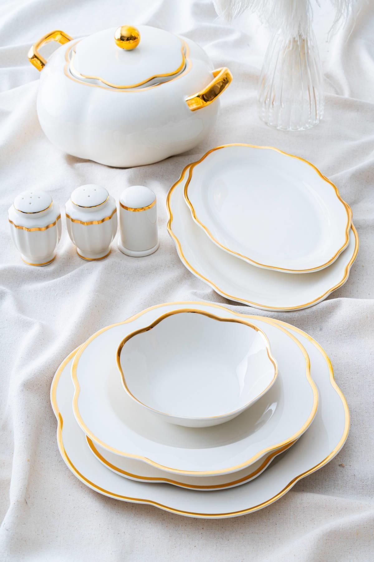 ACAR Aveline 12 Kişilik 60 Parça Porselen Yemek Takımı - Gold
