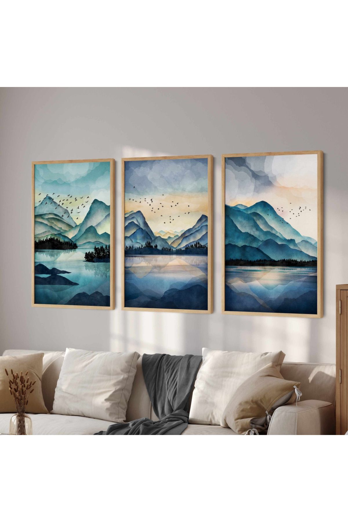 Tuba Decor 3 Parça Ahşap Çerçeve Görünümlü bohem MDF Tablo Seti