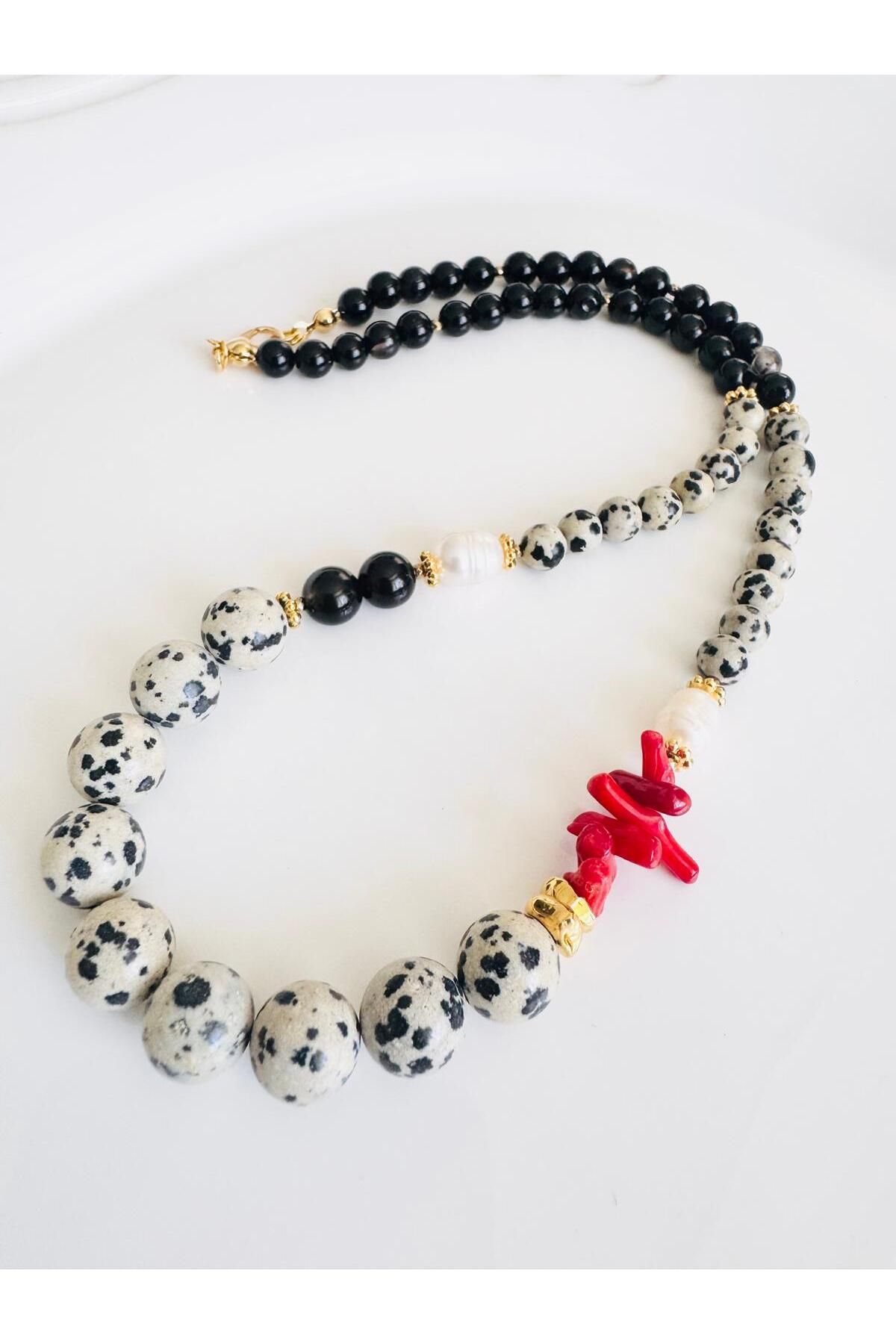 DEVİ fashion Gerçek İnci Jasper Doğal Taş Kolye 50 cm