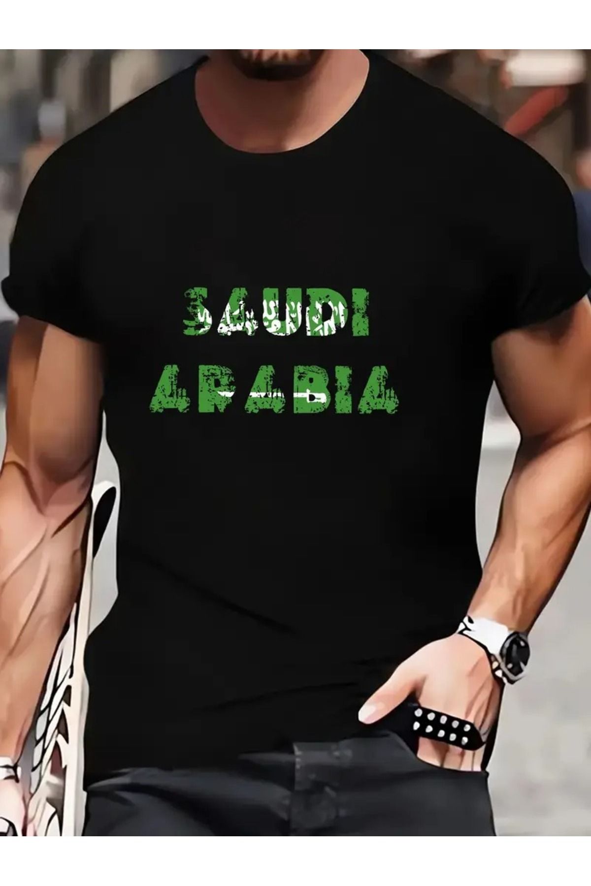 LAND MODA Erkekler için Suudi Arabistan Grafik Baskılı Pamuk Karışımı Tişört - Mikro-Esnek Örme,