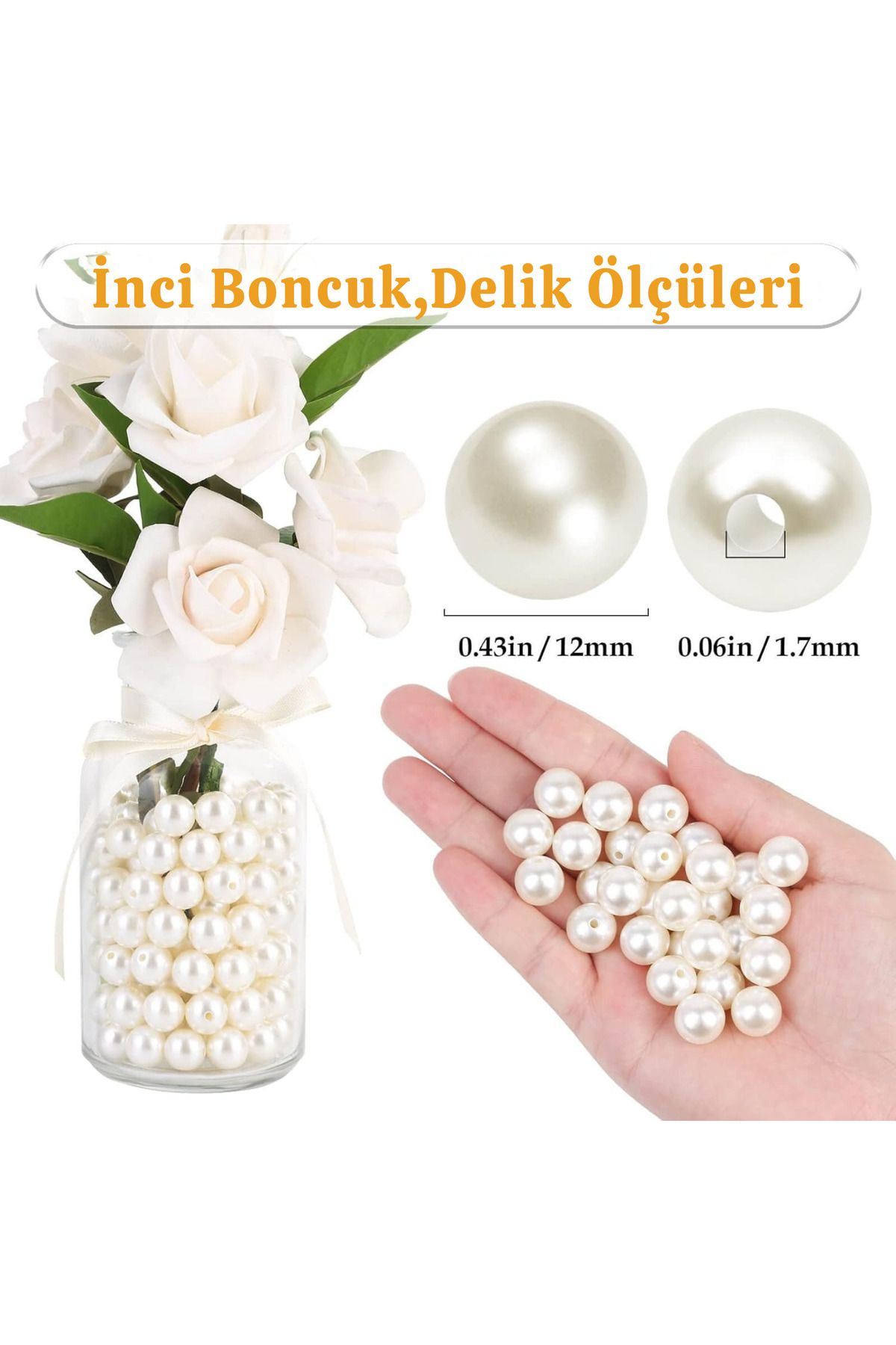 CSG BAZAAR 12 MM 100 Adet İnci Boncuk - Beyaz - Çanta Ve Takı Yapımı İçin