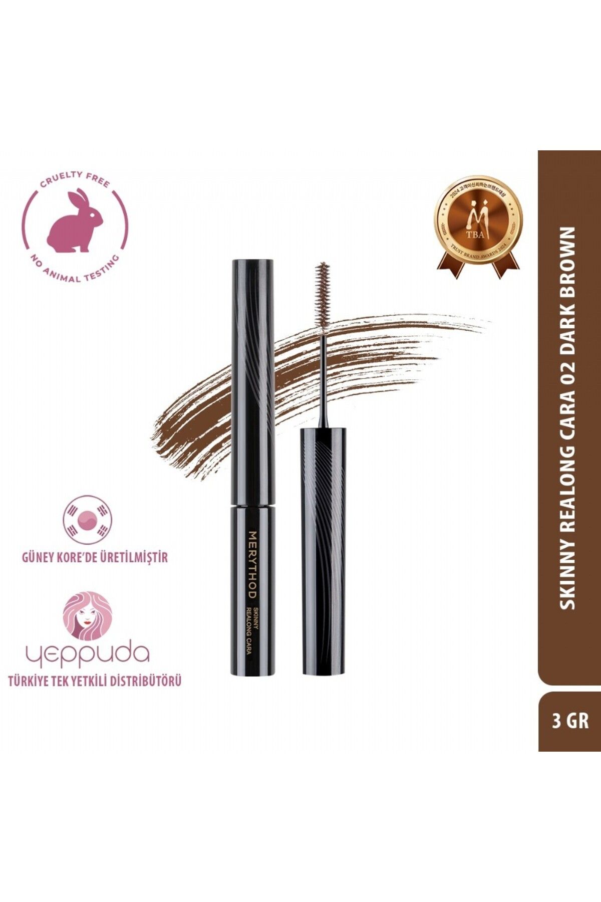 Merythod Skinny Realong 02 Dark Brown-Topaklanma Yapmayan Suya Dayanıklı İnce Fırçalı Koyu Kahverengi Maskara