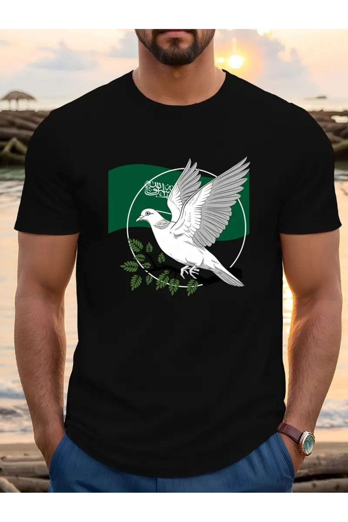 LAND MODA Erkeklerin Günlük Yaka T-Shirts'i Suudi Arabistan Bayrağı ve Güvercin Tasarımı ile