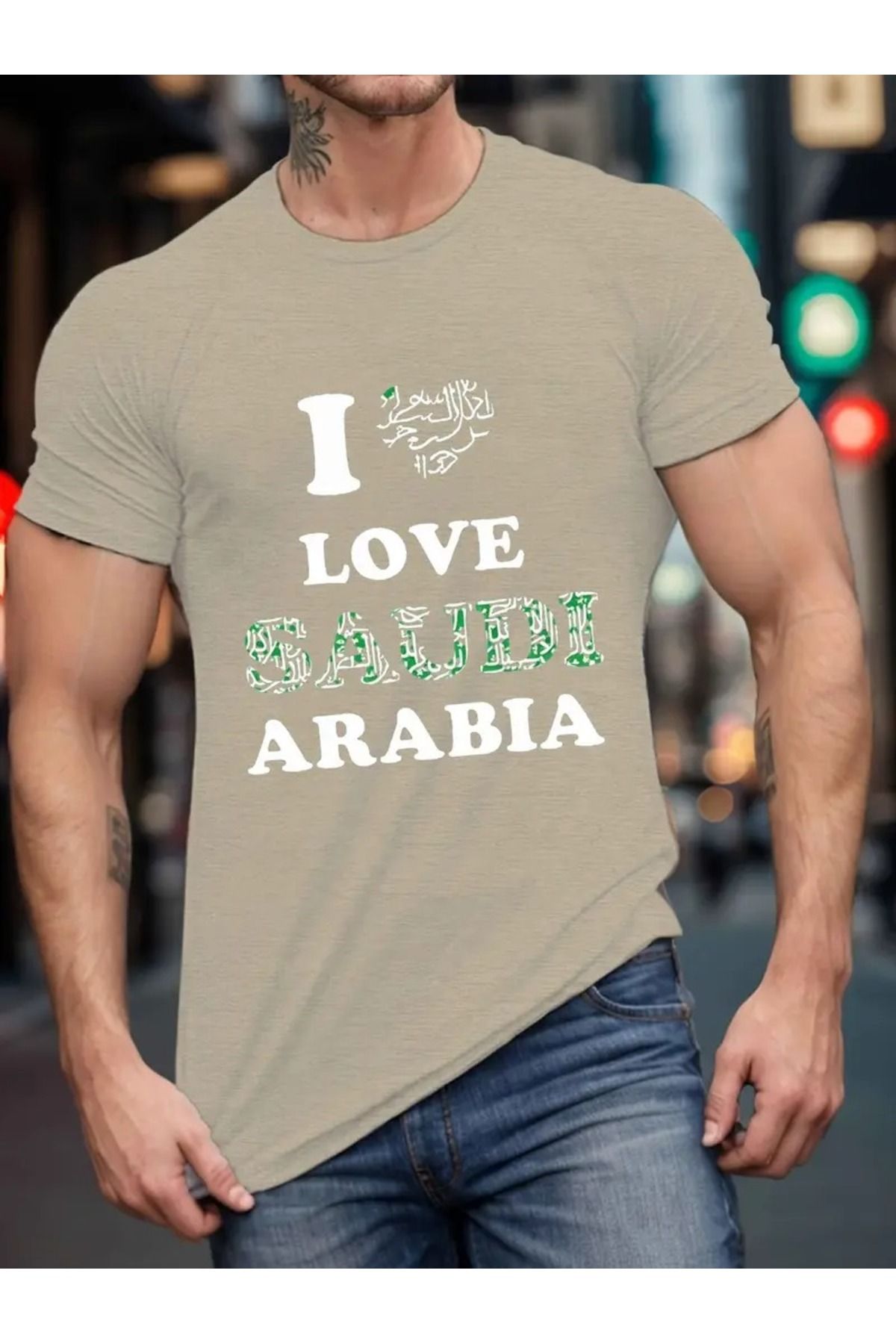 LAND MODA Erkekler için Büyük Beden "Suudi Arabistan'ı Seviyorum" Grafikli Tişört