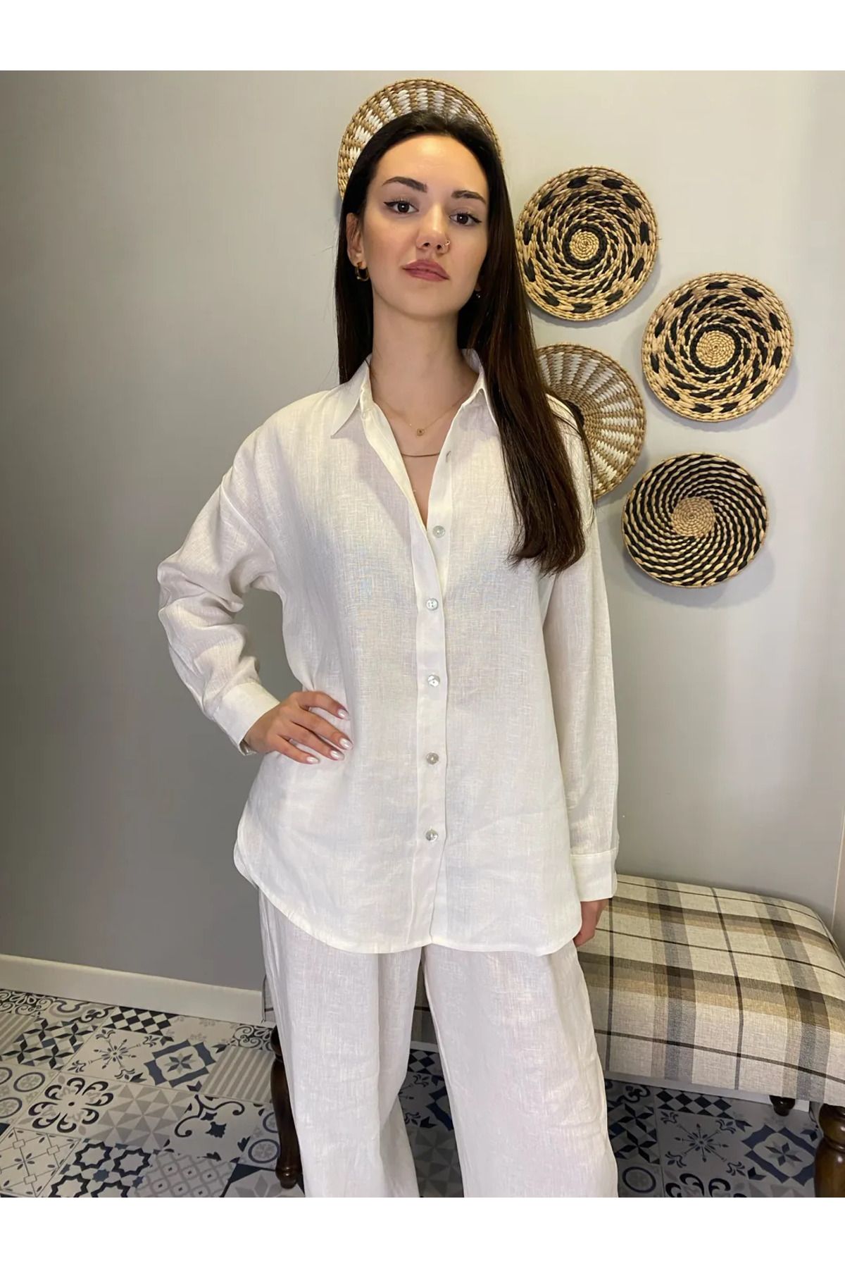 saze butik keten beyaz gömlek