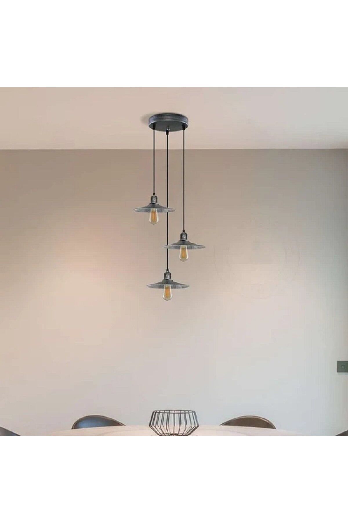 RİOLİGHT RUSTİK1,RETRO1,VİNTAGE1 GÜMÜŞ GRİ FIRÇALI PATİNE 3XE27 METAL SARKIT AVİZE TABAN ÇAPI:30CM