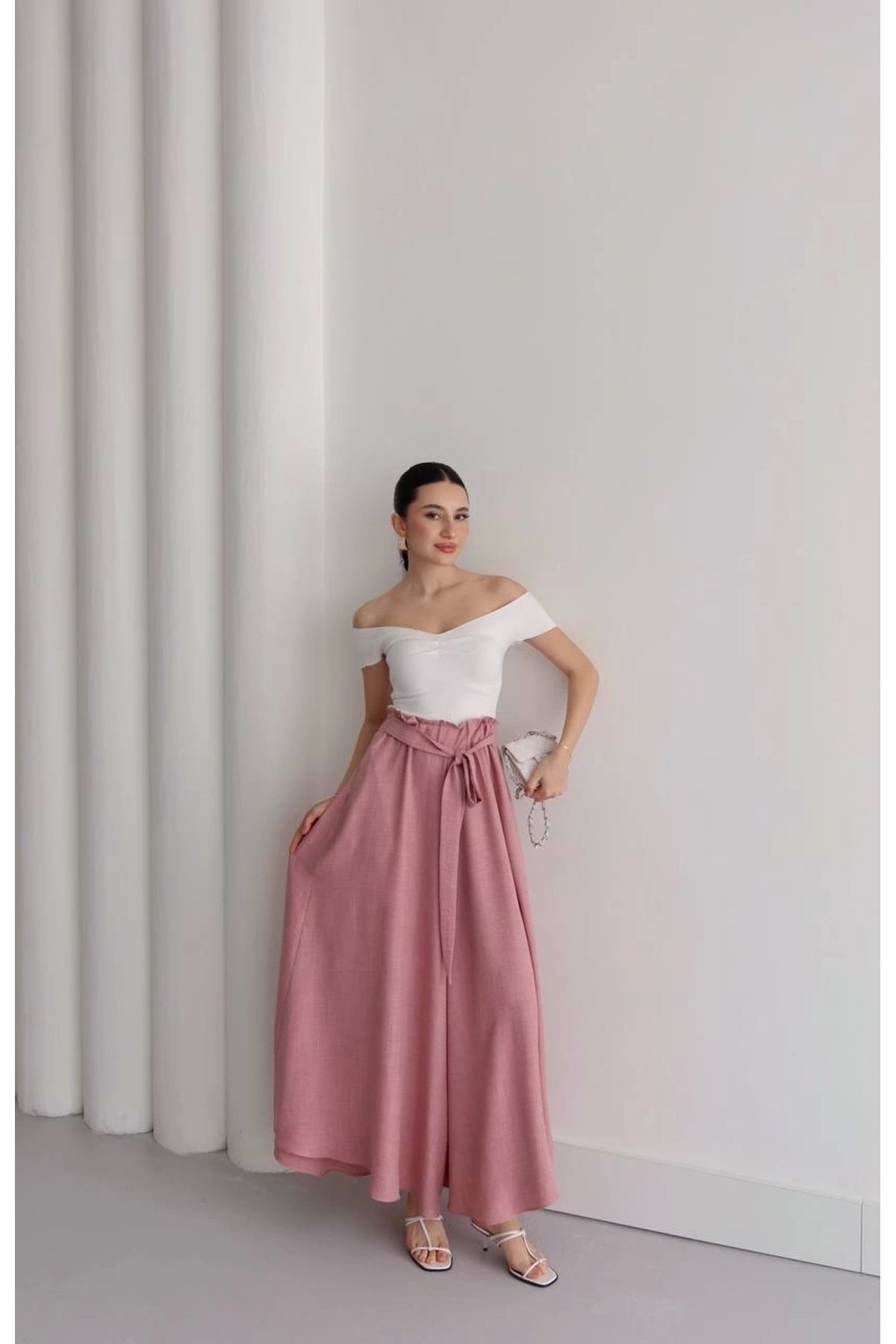 Ecenin Favorileri Pembe Dökümlü Şalvar Kadın Pantolon