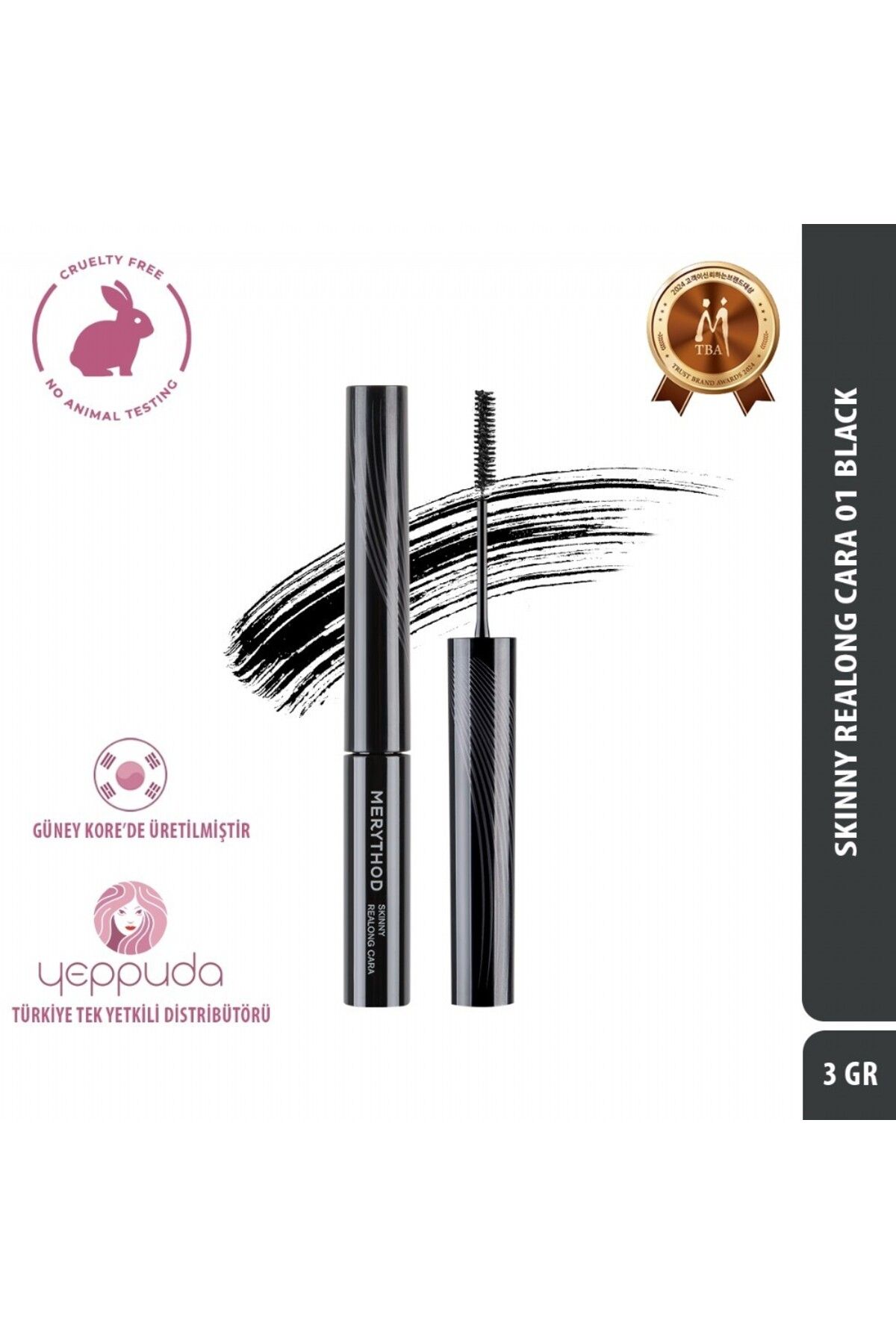 Merythod Skinny Realong Cara 01 Black- Topaklanma Yapmayan Suya Dayanıklı İnce Fırçalı Siyah Maskara