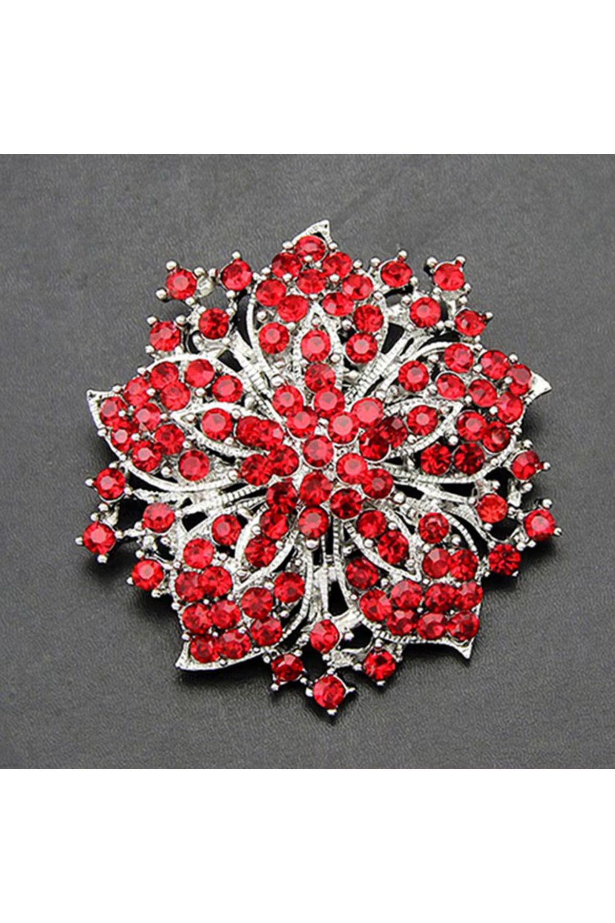 begüm jewelery ÇİÇEK MODEL KIRMIZI TAŞLARLA İŞLENMİŞ TASARIM BROŞ