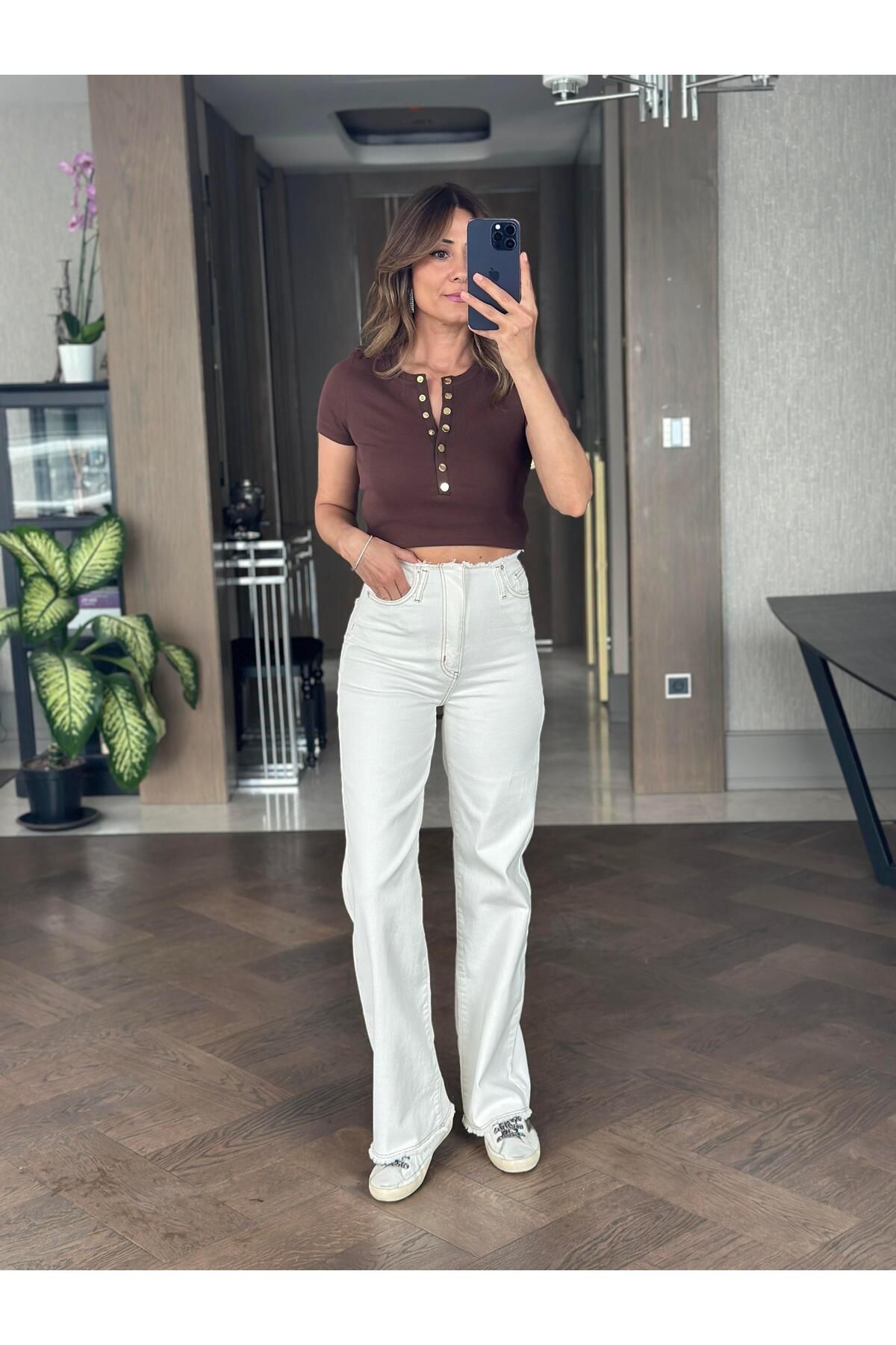 Forlady4 Kemik Beli Ve Paçası Kesik Wide Leg Kadın Jean Pantolon