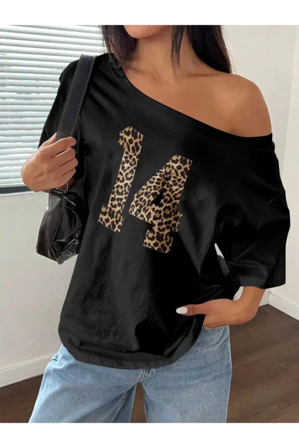Koklonmoda Büyük Beden Kadın Düşük Omuz Kayık Yaka Baskılı T-Shirt