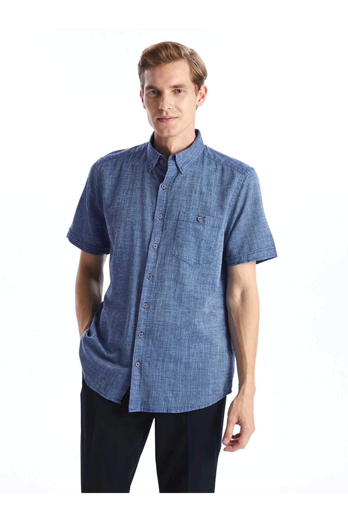 LC Waikiki LCWAIKIKI Classic Indigo Regular Fit Keten Karışımlı Erkek Gömlek