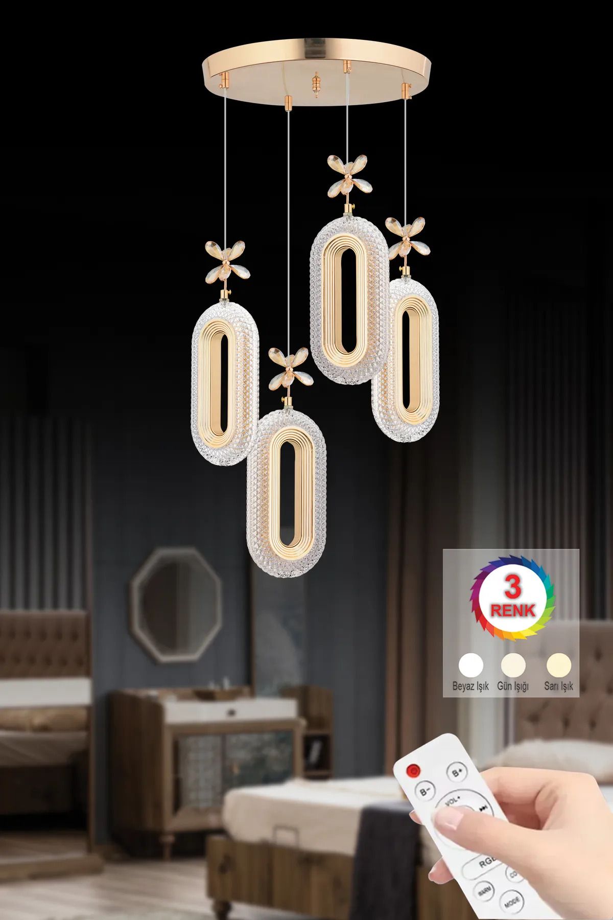 Roque Modern Ledli 4'lü Gold Kumandalı 3 Renk ristal Taşlı Avize