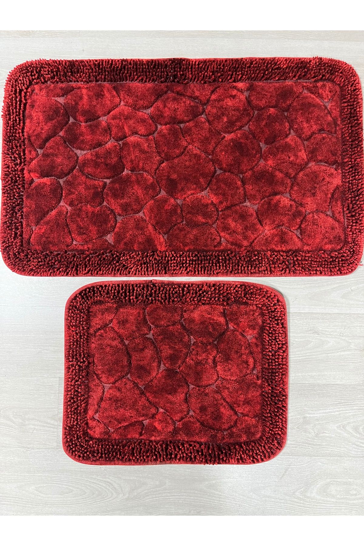 Çelsa Home Pamuklu 2'li Eskitme Makarna Kenar Banyo Paspas Takımı Taş Desen Kırmızı