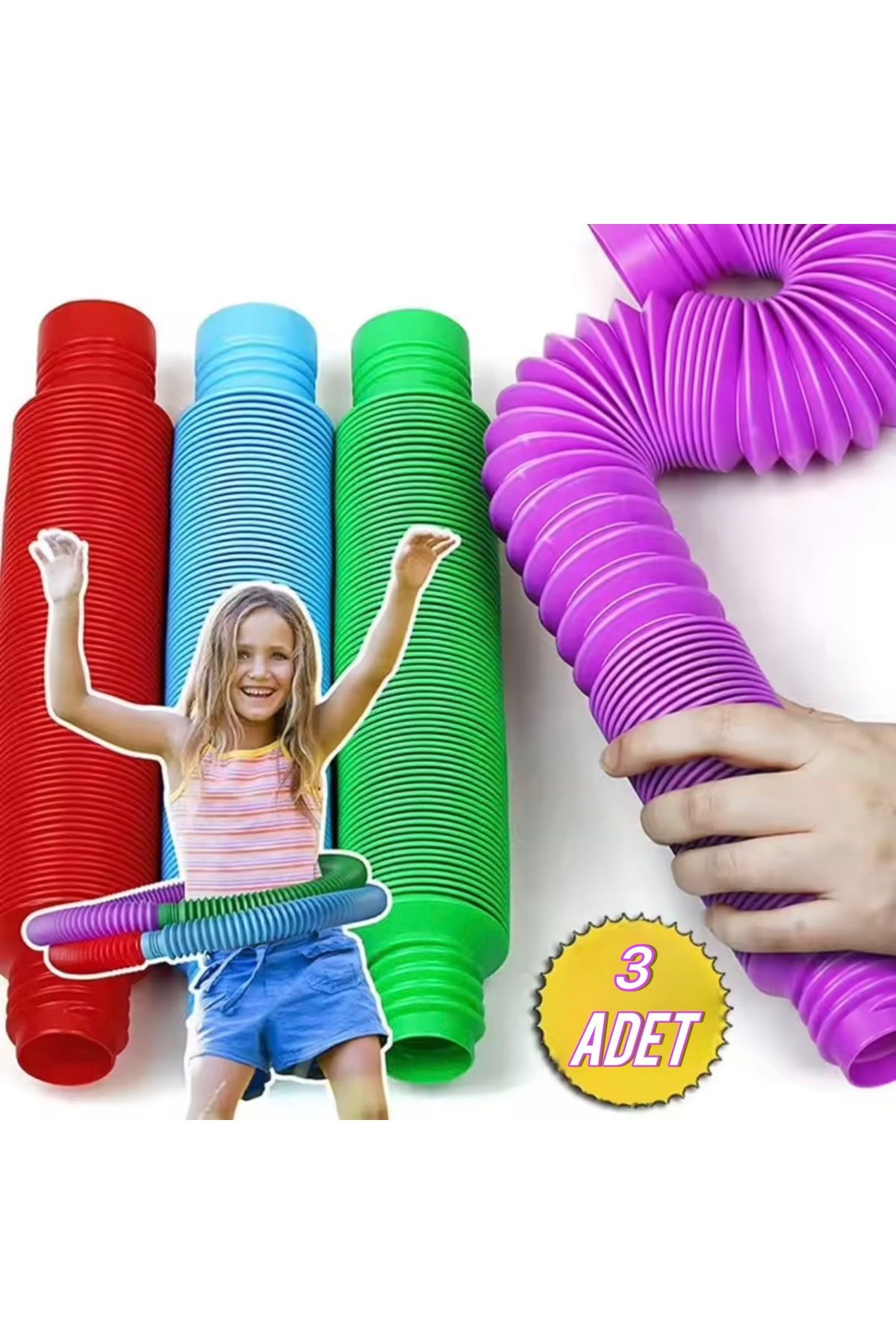 BeraToys Pop Tubes 3 Adet Rengarenk, Bükülebilir, Stres Giderici, Esnek Boru Eğitici Oyuncak