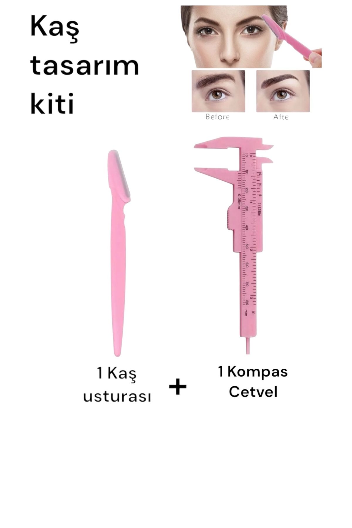 DFCOSMETICS Kaş Tasarım Seti 2 Ürün Birarada Tırtıklı Kaş Makası Usturası Kaş ölçüm kompas cetvel