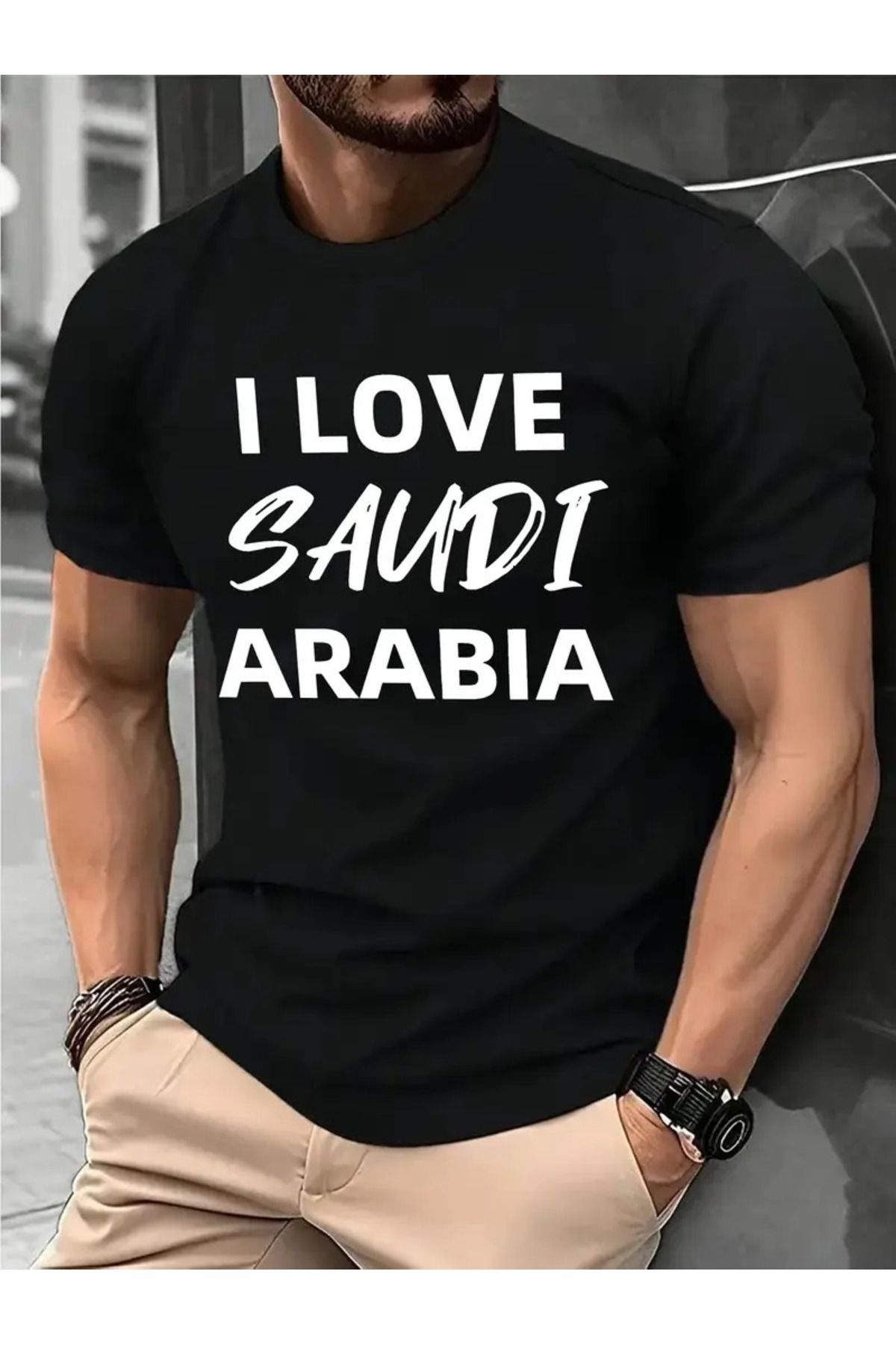 LAND MODA Ben Saidi Erkekler için Suudi Arabistan Grafik Baskılı Pamuklu Tişörtü Seviyorum