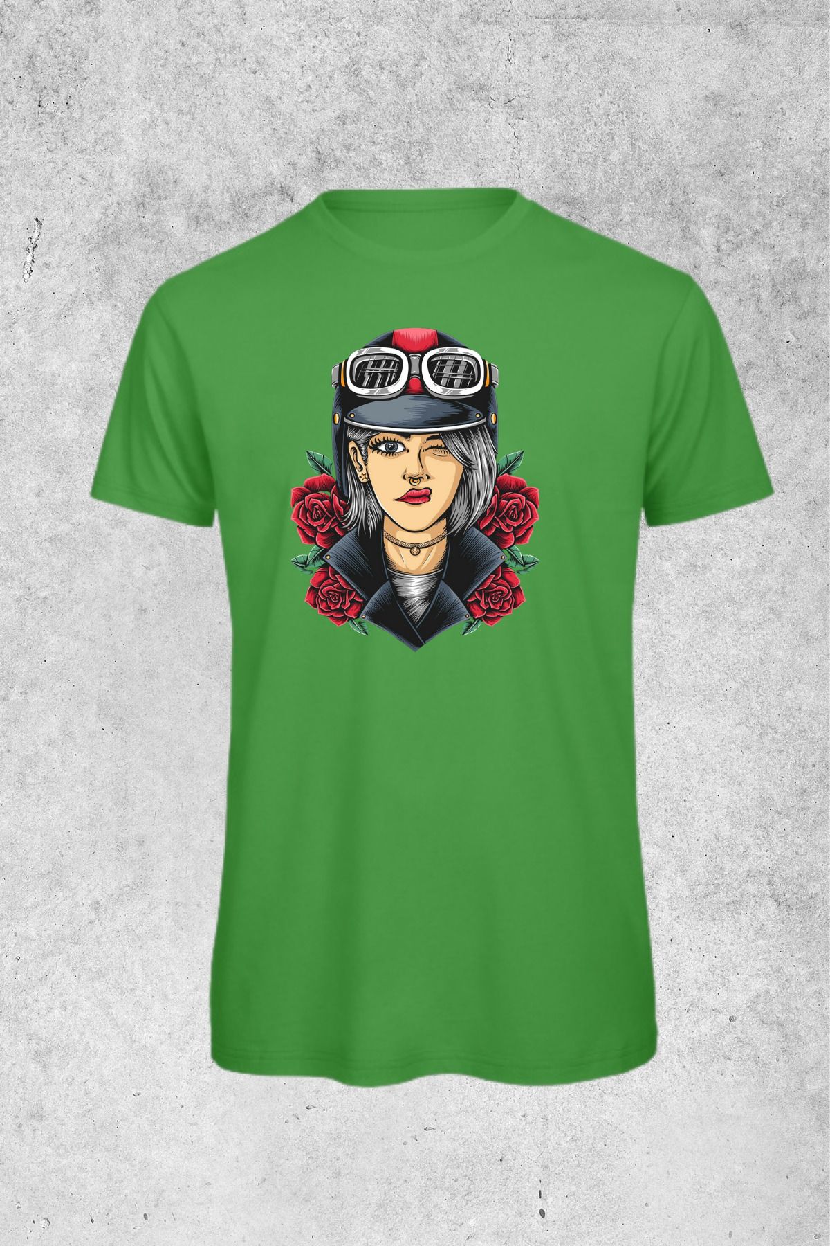 MOLICO Basic unısex sıfır yaka kısa kollu KASKLI MOTORCU KIZ BASKILI tshirt
