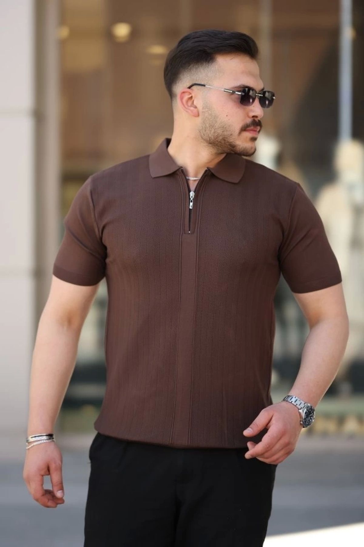 Kaplan Erkek Yakası Fermuarlı Kısa Kollu T-shirt