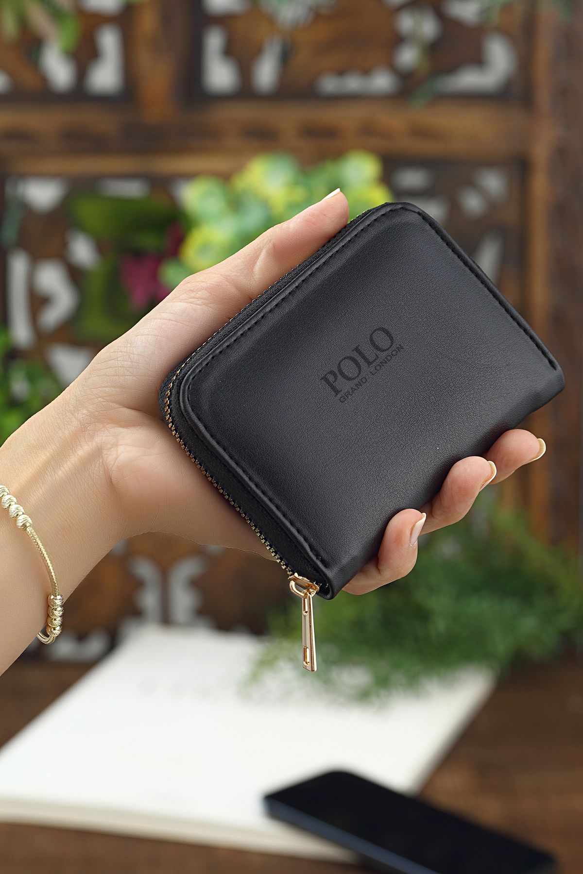 POLOGRAND London Orijinal Kadın Kartlıklı Bozuk Para Bölmeli Fermuarlı Konfor Modeli Şık Mini Kartlık Siyah Cüzdan
