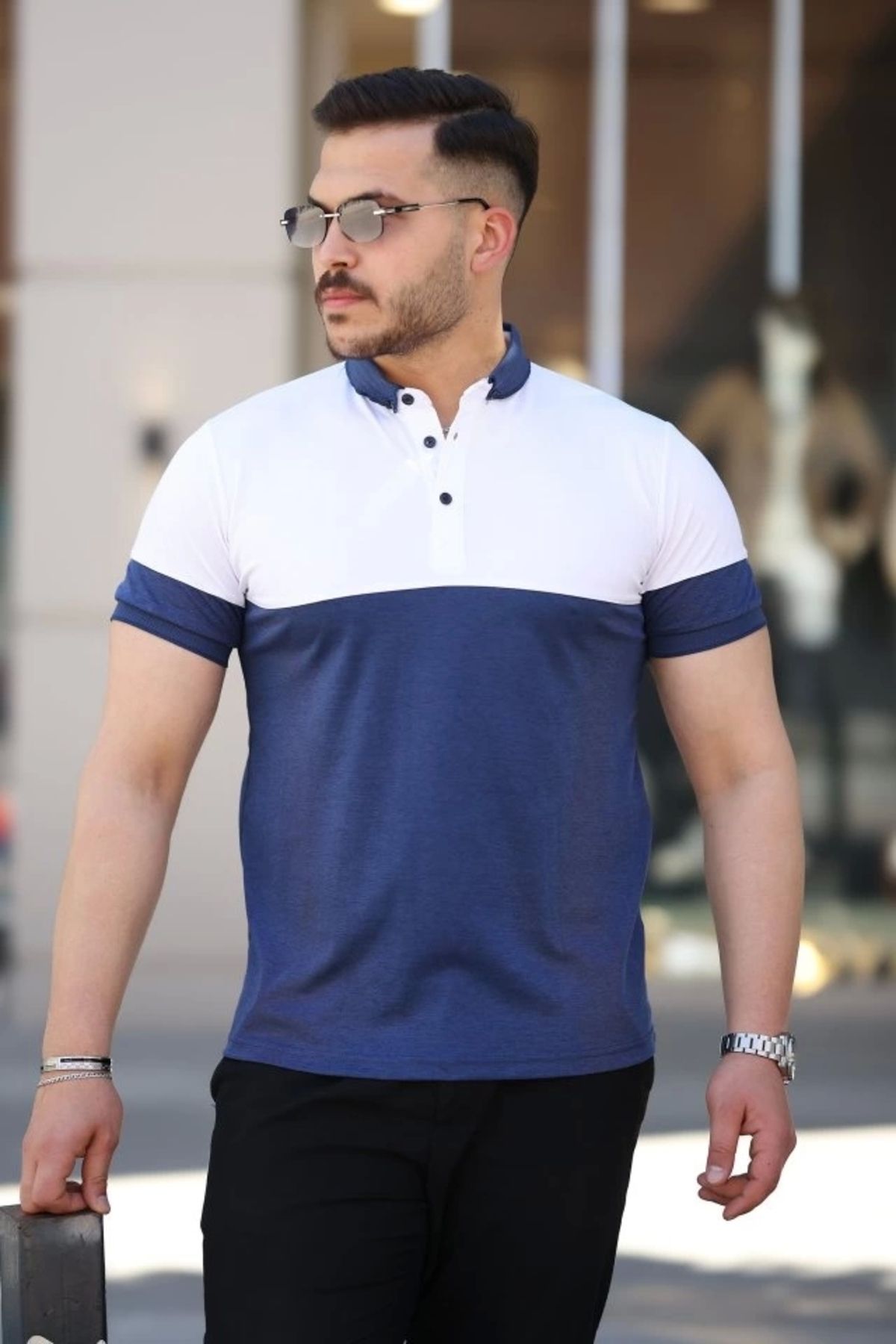 Kaplan Erkek Yakalı çift Renk Kısa Kollu T-shirt