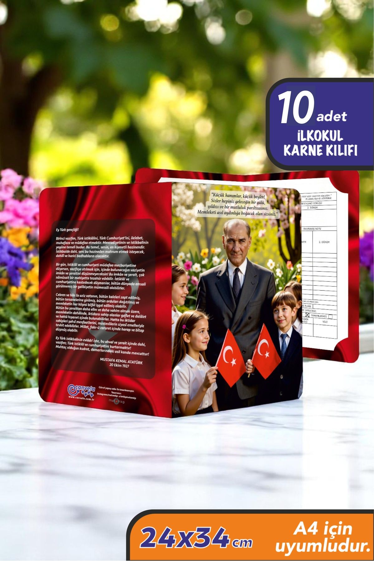 İstisna 10 Adet Mustafa Kemal Atatürk ve Gençliğe Hitabe Yazılı A4 İlkokul Karne Kılıfı Karne Süsleme 24x34