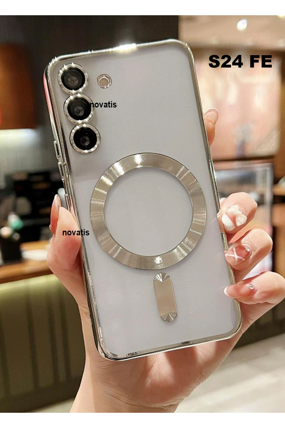 Novatis Samsung Galaxy S24 FE Uyumlu Kılıf Kamera Lens Korumalı Magsafe Şarj Özellikli Arkası Şeffaf Kapak