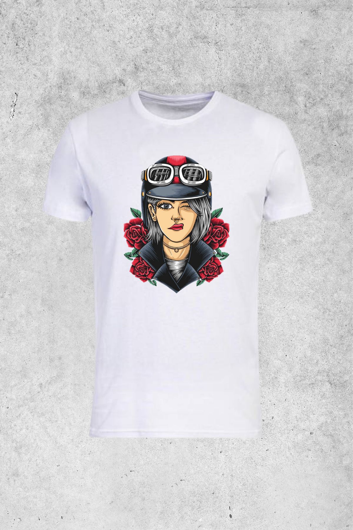 MOLICO Basic unısex sıfır yaka kısa kollu KASKLI MOTORCU KIZ BASKILI tshirt