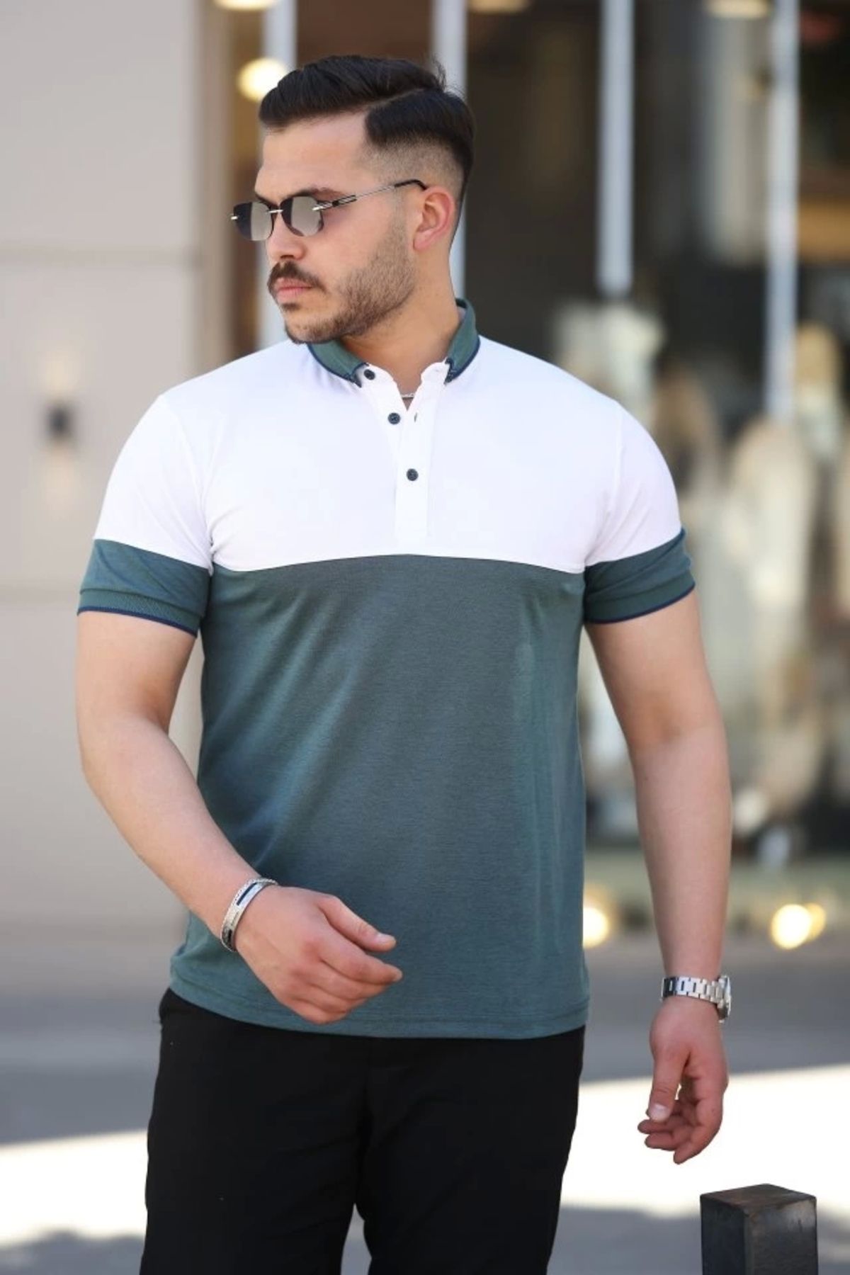 Kaplan Erkek Yakalı çift Renk Kısa Kollu T-shirt