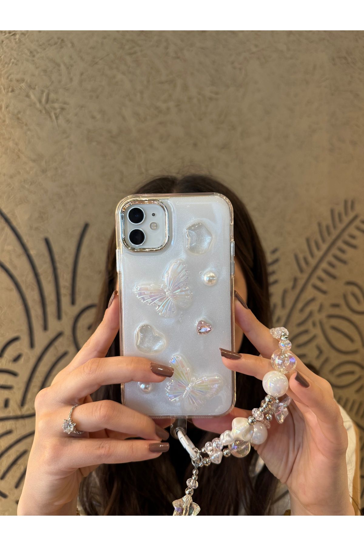Mois Case İPhone 12 uyumlu Lux ışıltılı inci charmlı kelebekli kılıf