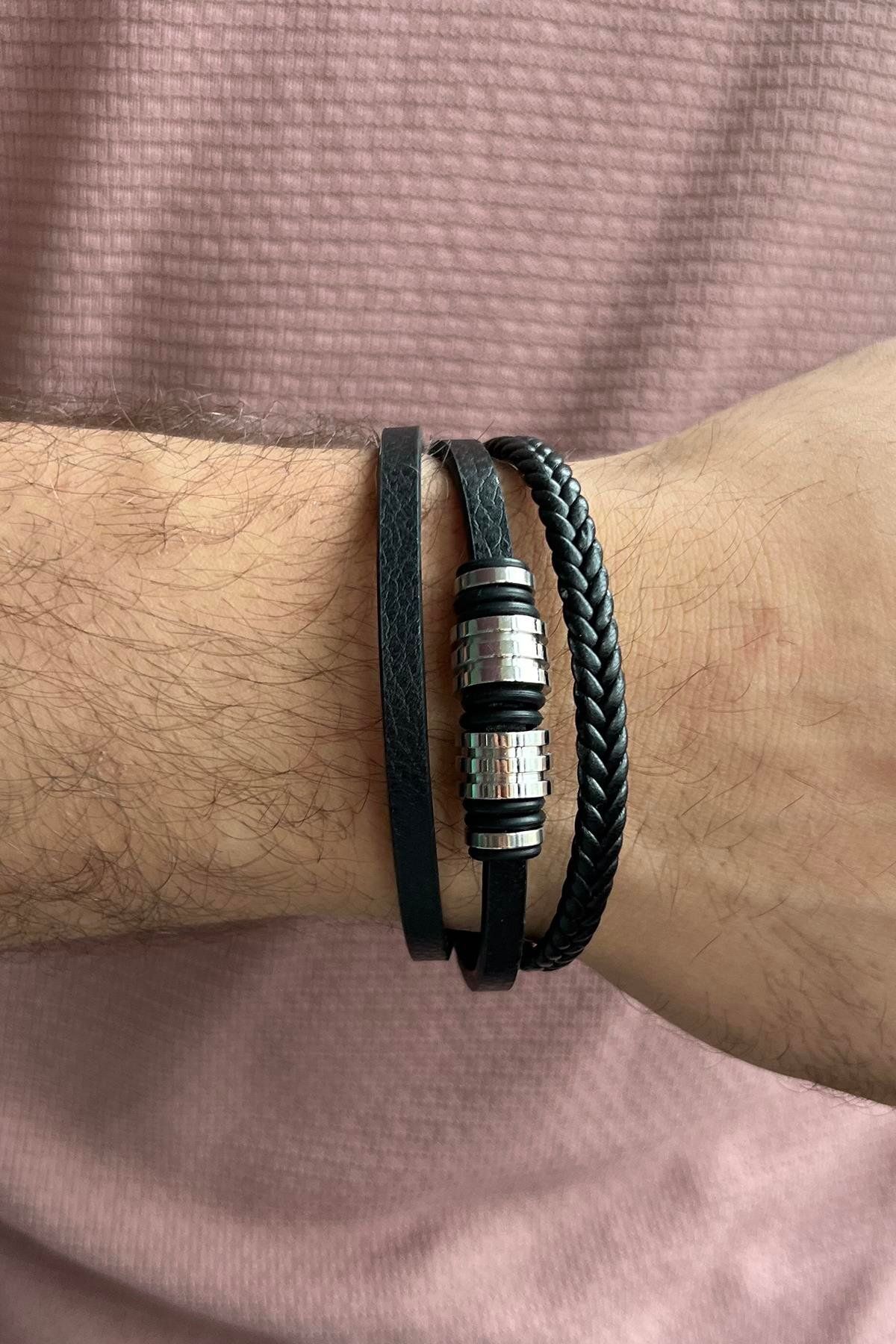 TAKIŞTIR Siyah Renk Metal Detaylı Çelik Bileklik