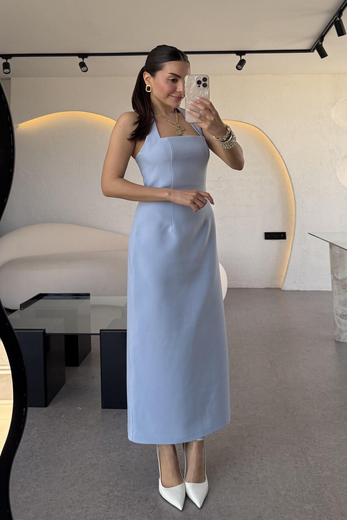 Chef d'atelier Kadın Halter Yaka Midi Dokuma Elbise