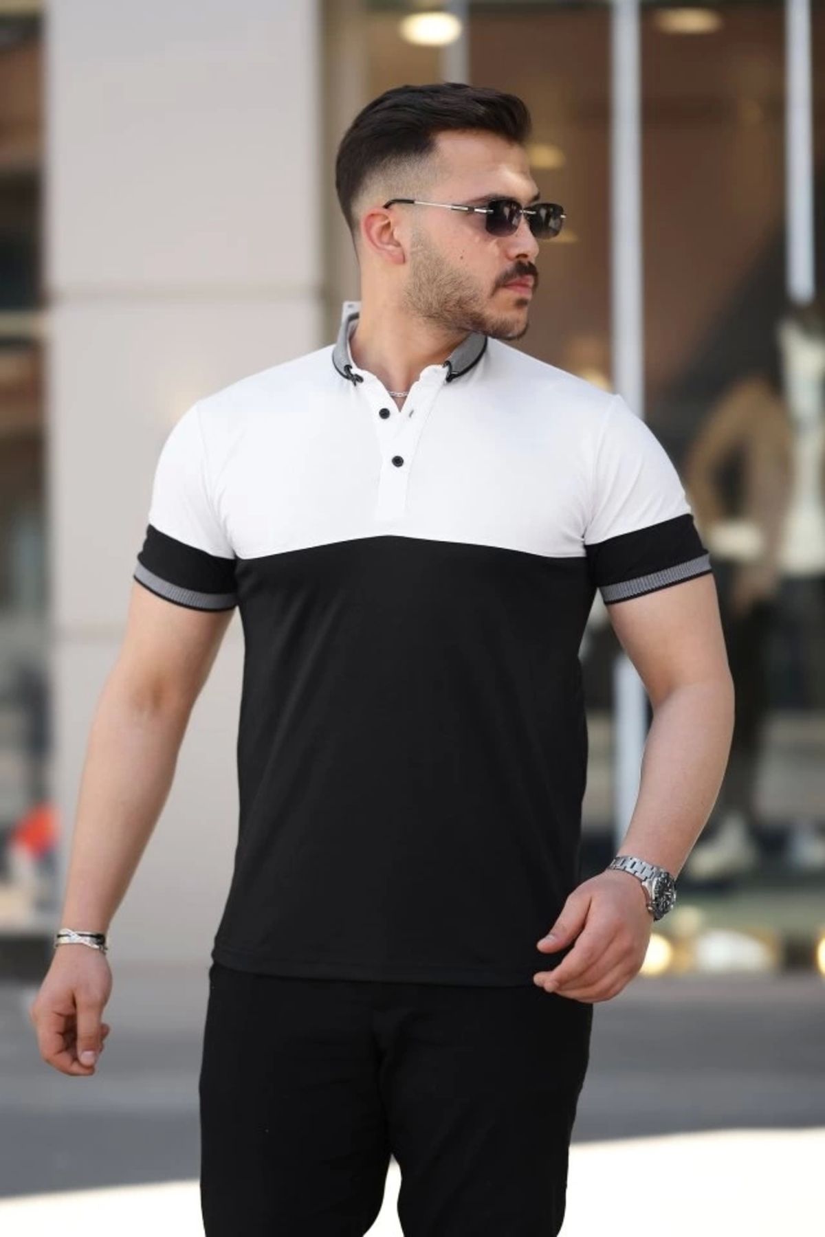 Kaplan Erkek Yakalı çift Renk Kısa Kollu T-shirt