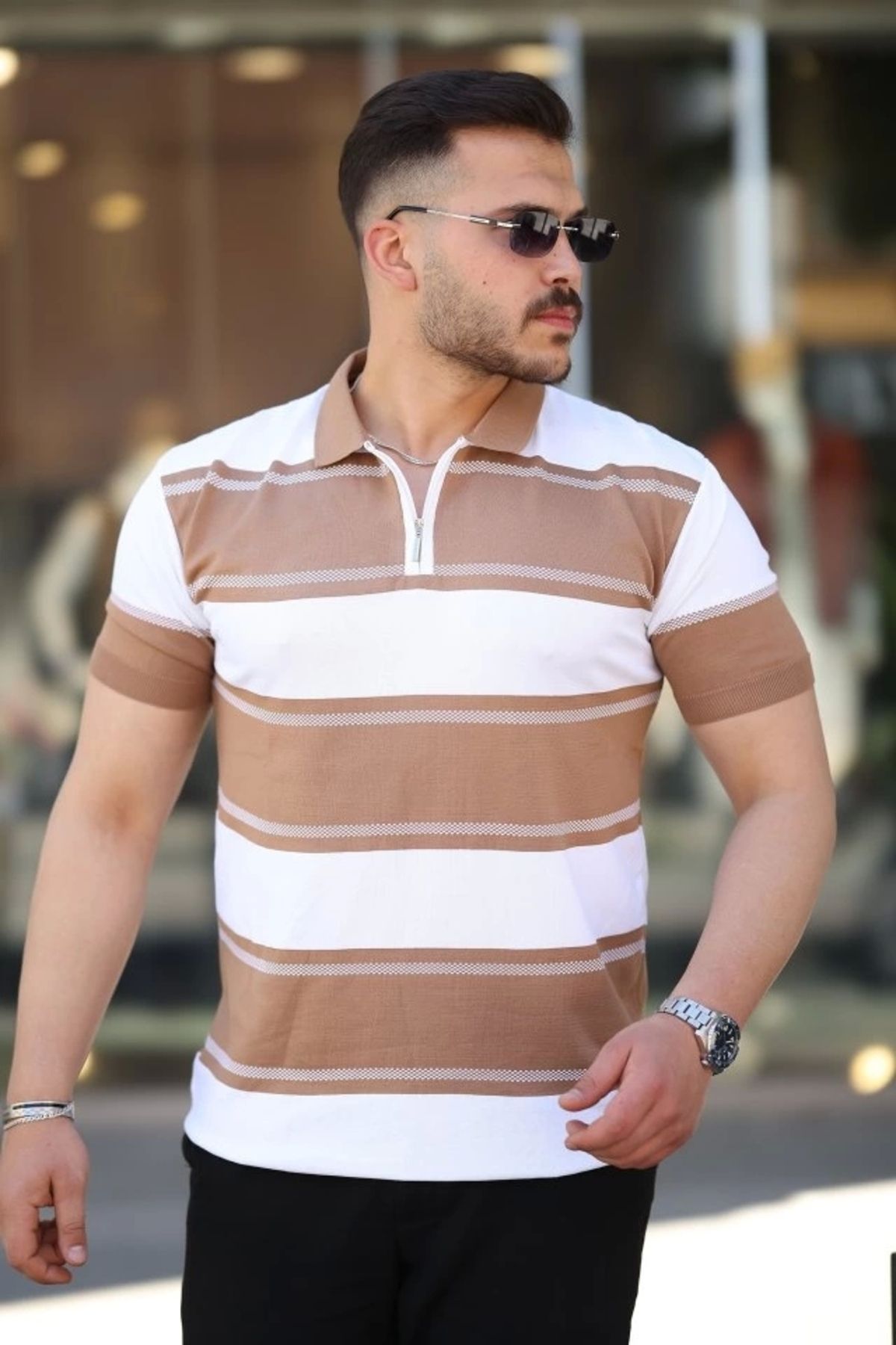 Kaplan Erkek Yakalı Fermuarlı çift Renk Kısa Kollu T-shirt