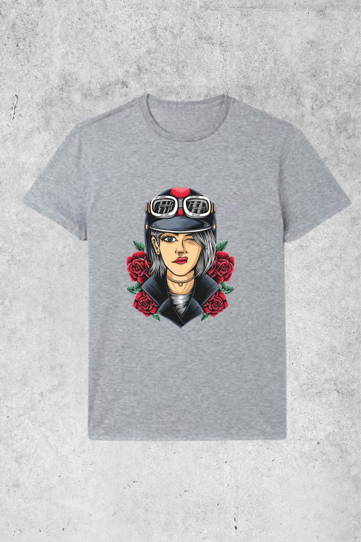 MOLICO Basic unısex sıfır yaka kısa kollu KASKLI MOTORCU KIZ BASKILI tshirt