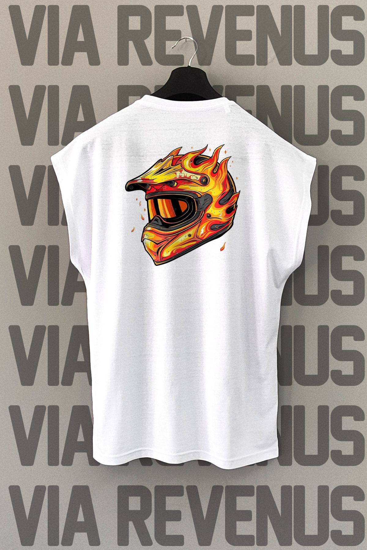 Vordevia Alevli Kask / Motorcu Sırt Baskılı Sıfır Kollu Bisiklet Yaka Spor Tshirt