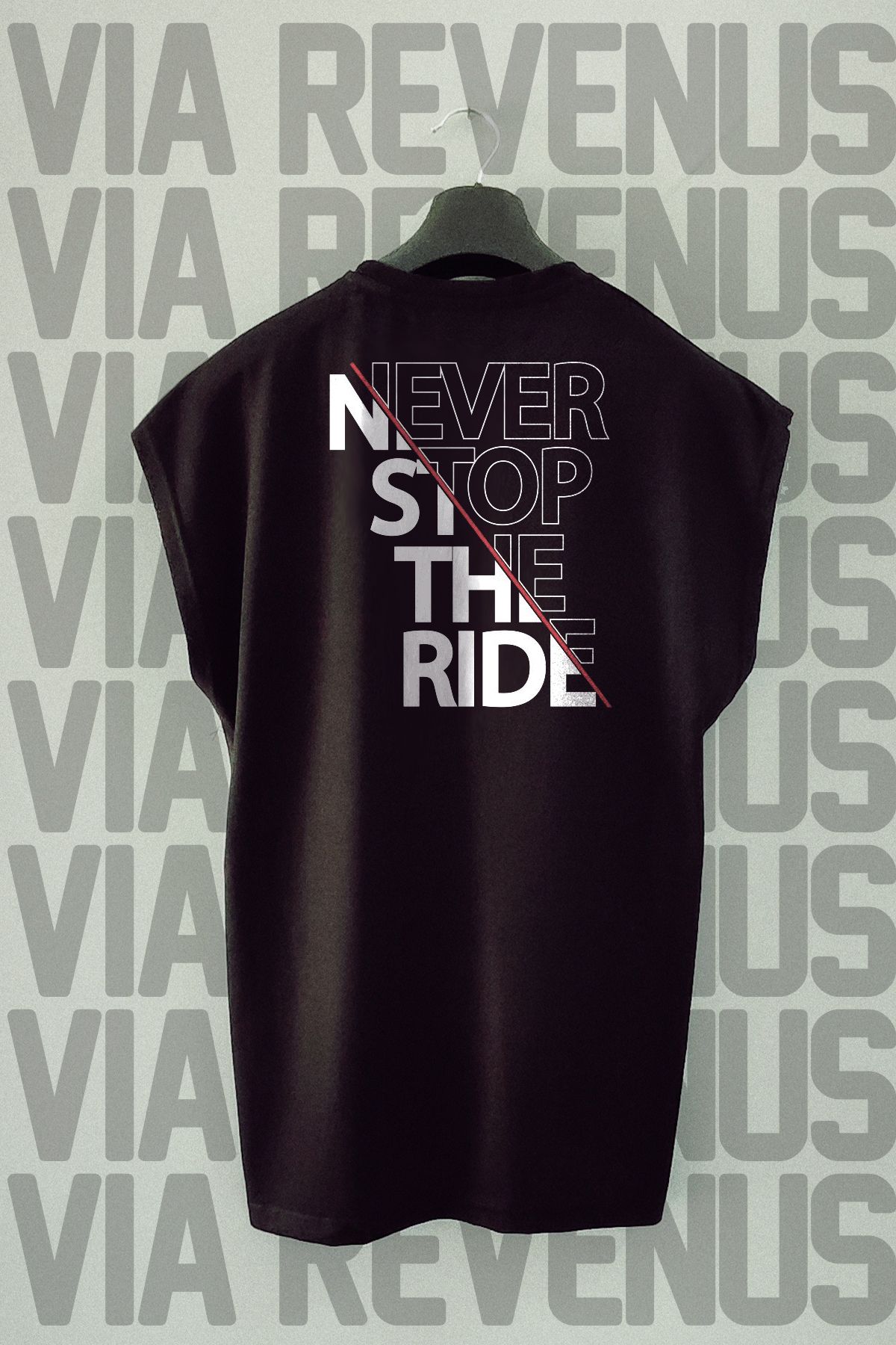 Vordevia Never Stop The Ride / Motorcu Sırt Baskılı Sıfır Kollu Bisiklet Yaka Spor Tshirt
