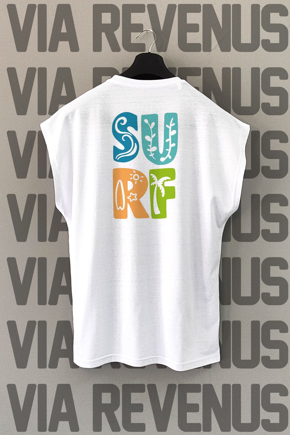 Vordevia Surf Sırt Baskılı Sıfır Kollu Bisiklet Yaka Spor Tshirt