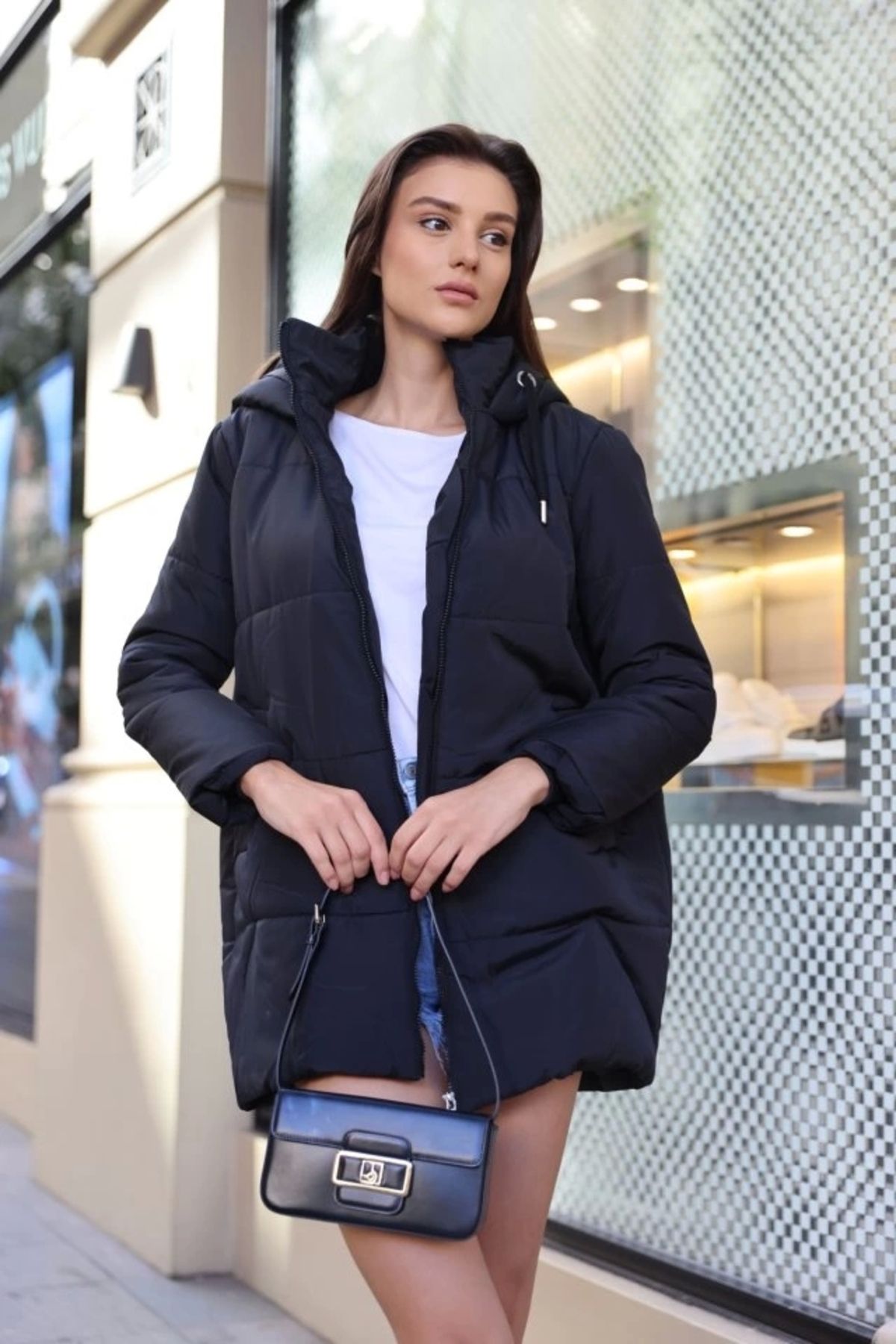 Kaplan 5163 Kapüşonlu Oversize Şişme Mont - Lacivert