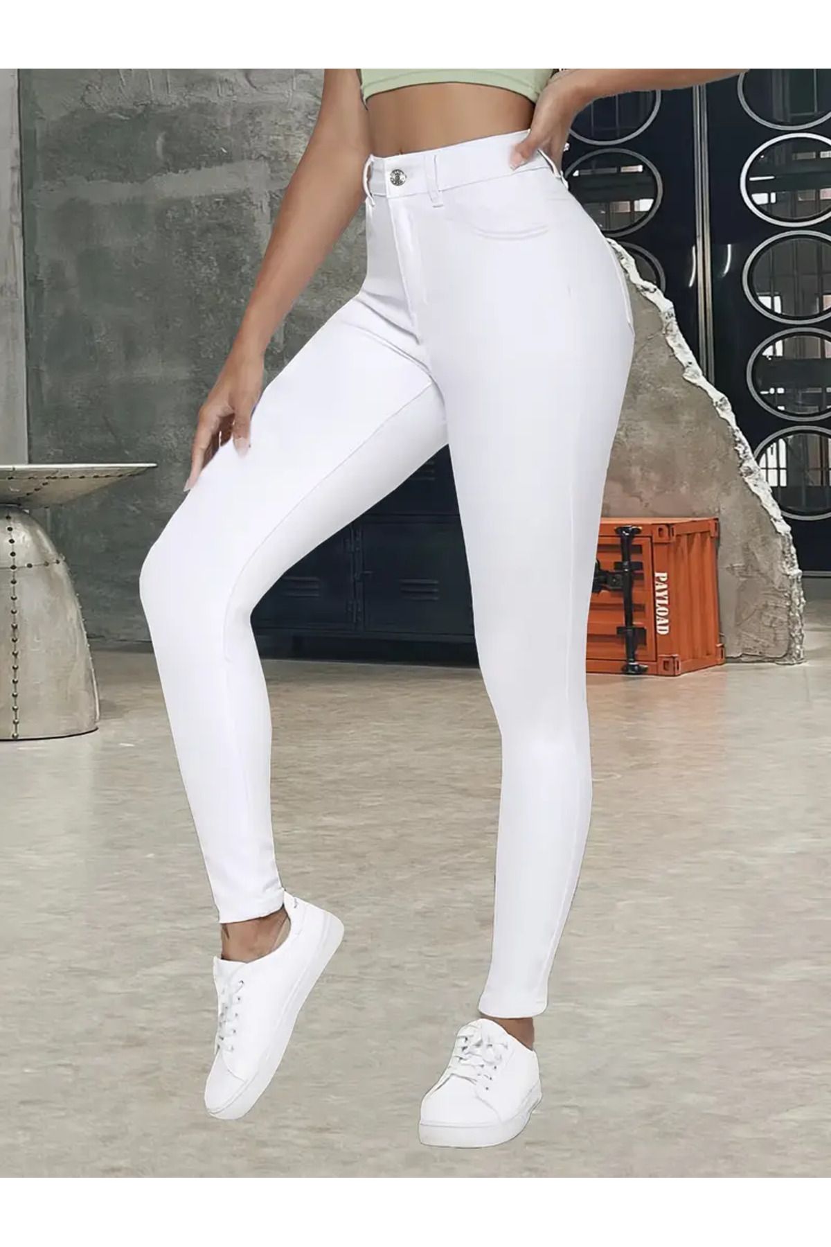 beeke Alessi Beyaz Yüksek Bel Dar Paça Likralı Skinny Kot Pantalon