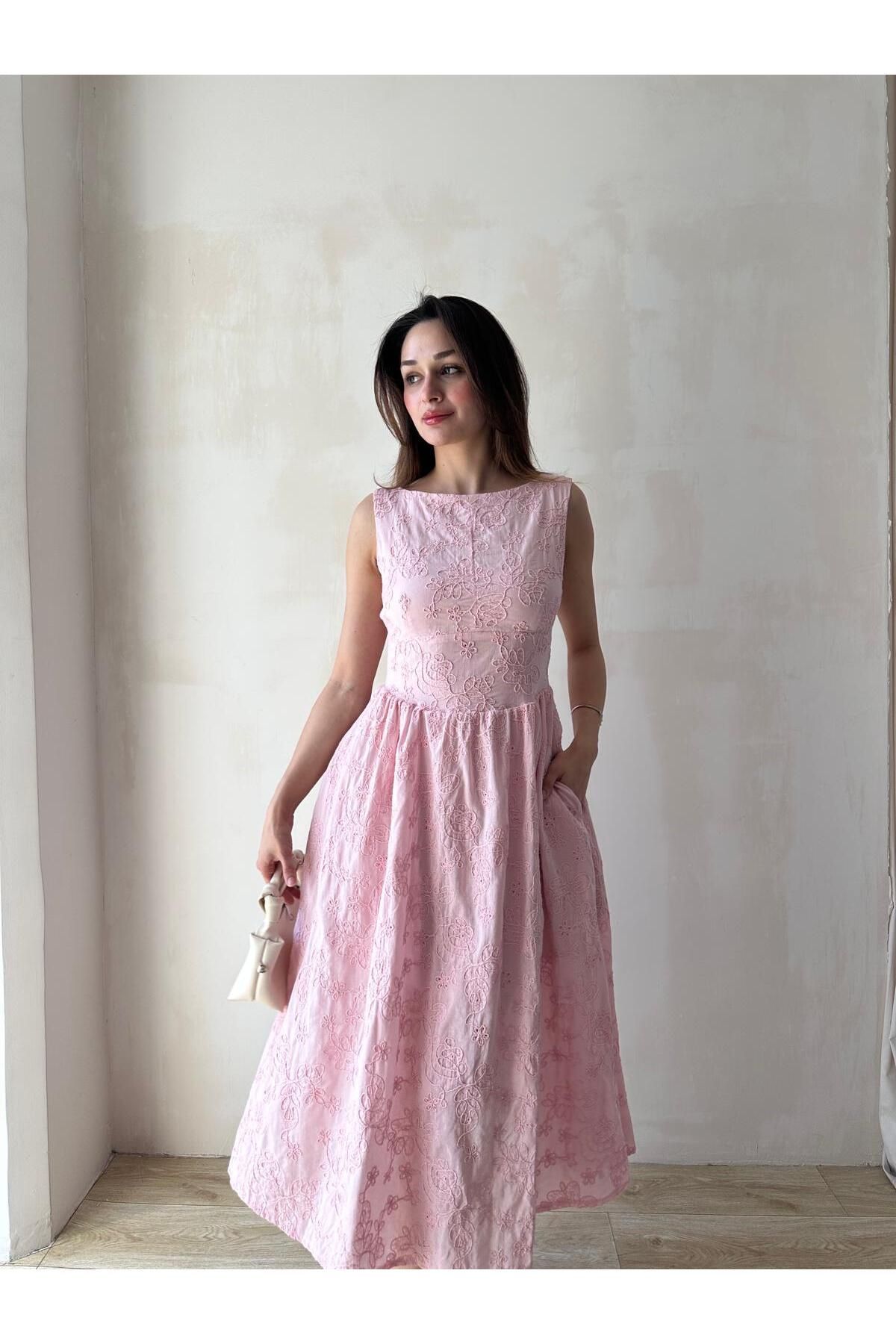 Mooi Butik RUBEL Midi Elbise 2383 - Pembe