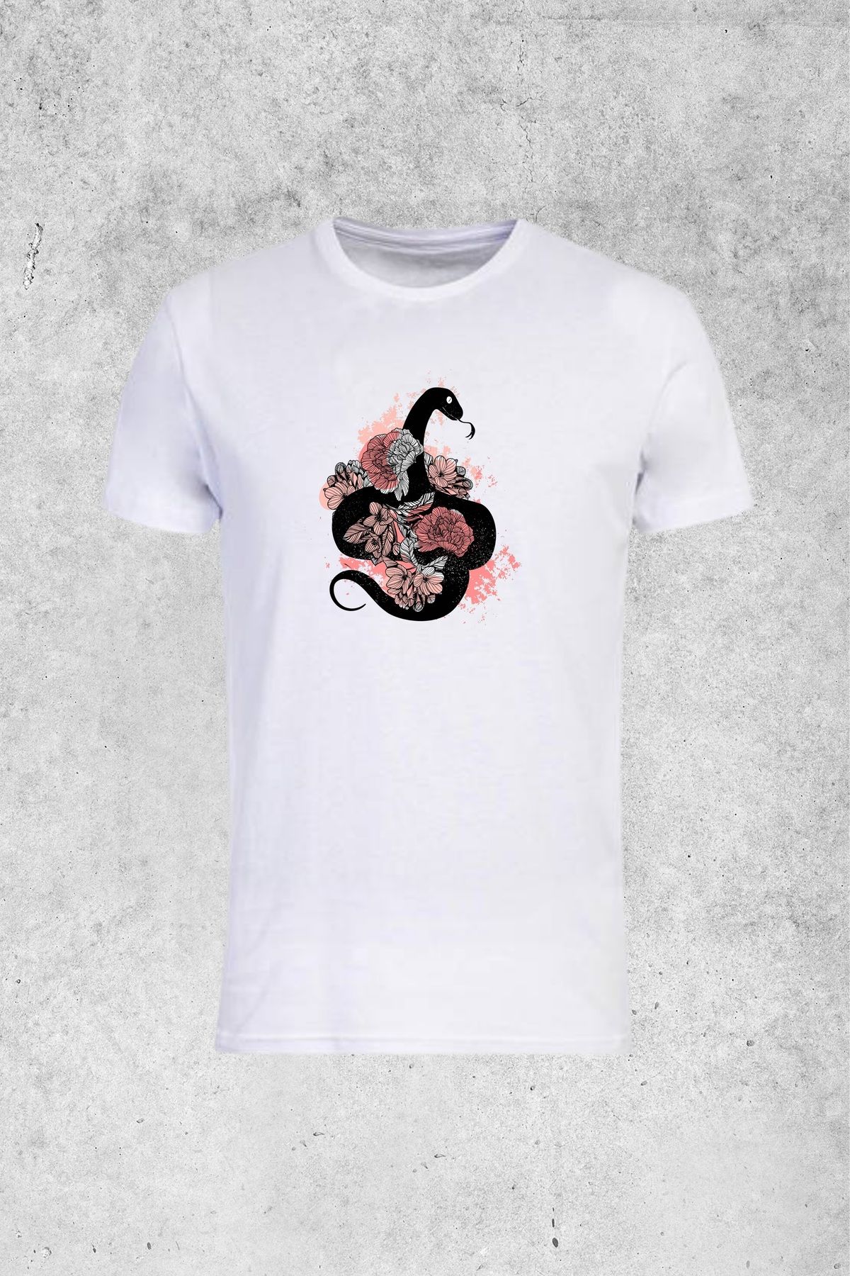 MOLICO Basic unısex sıfır yaka kısa kollu GÜLLÜ YILAN BASKILI tshirt