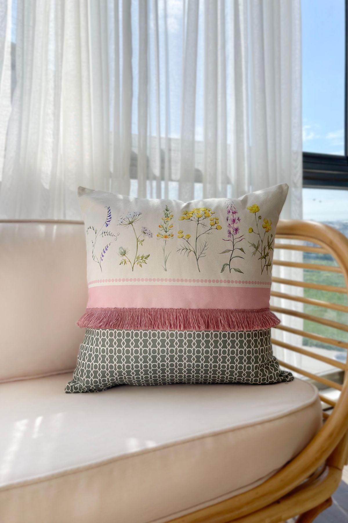 RİTMOHOME Botanik, Yaz, Bahar, Çiçek, Bitki, Püsküllü, Modern, Country, Bohem 50x50 Dekoratif Kırlent Kılıfı