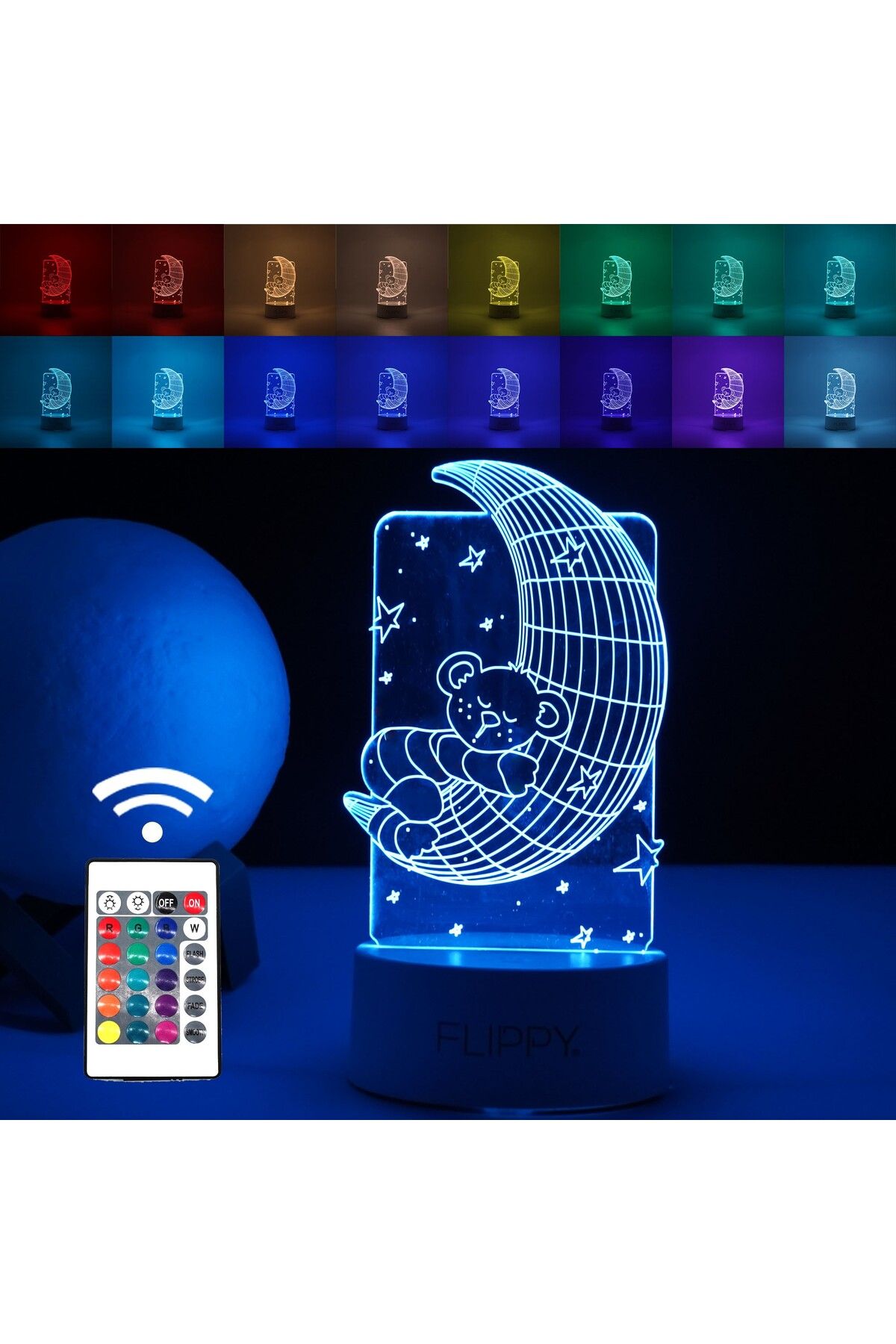 OEM Lampa Led Decorativa, 3d, Ursulet Si Semiluna, Cu Telecomanda, Doua Moduri De Alimen Unisex - 10