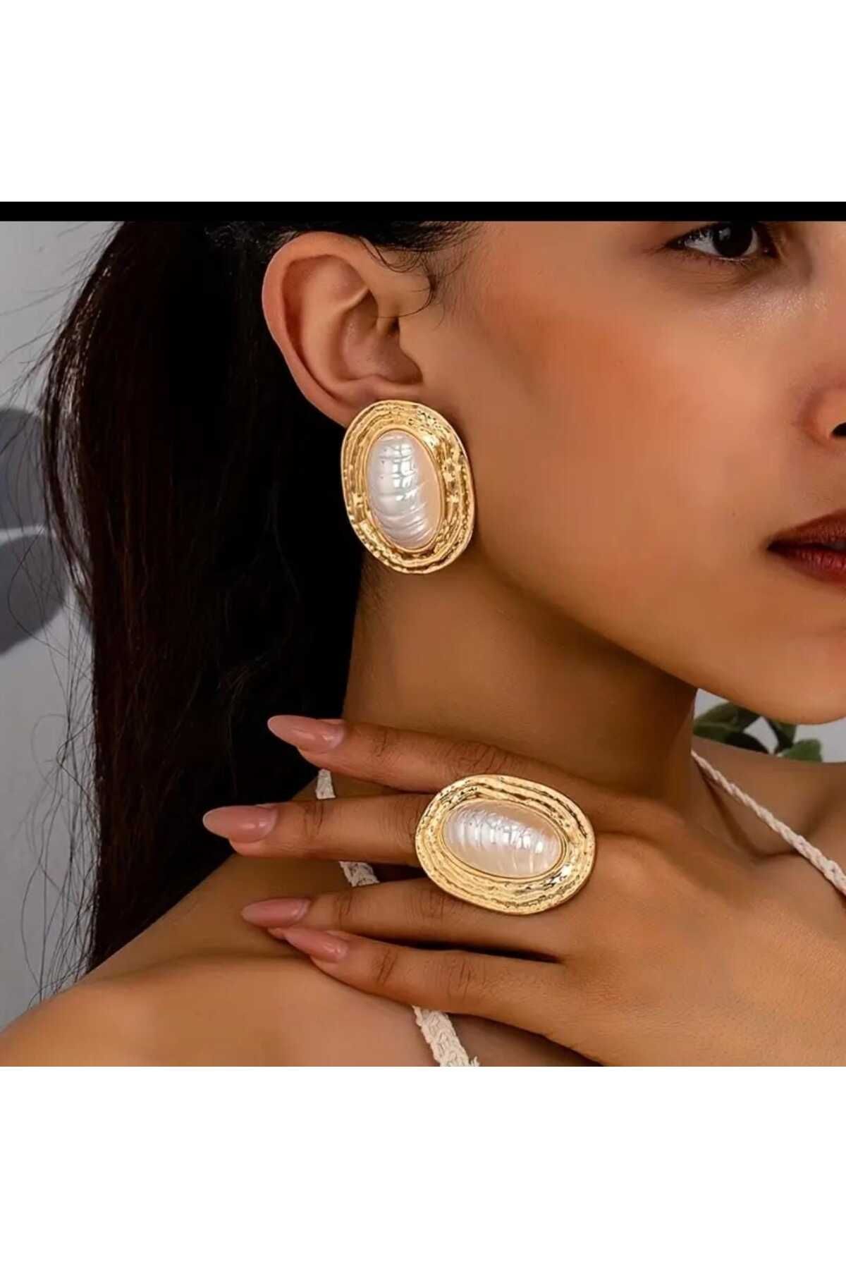 beynaaksesuar Gold Kaplama İnci Kolye Küpe Yüzük Seti Hediye Set Sevgiliye Hediye Anneye Hediye
