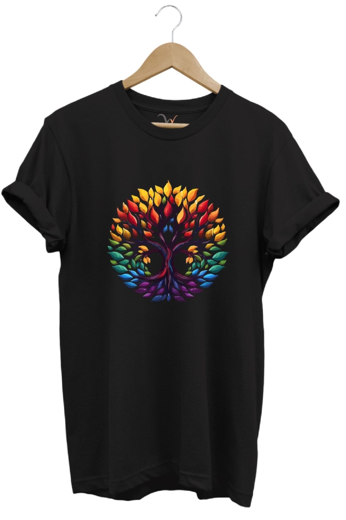 MODA Bohem Stil Yaşam Ağacı Baskılı %100 Pamuk Bisiklet Yaka Basic T-shirt