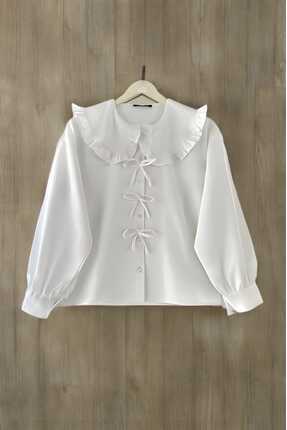 MODA Bebe Yaka Fiyonk Detaylı Etek Üstü Crop Gömlek