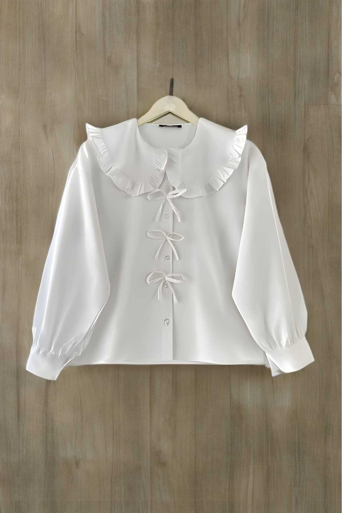 MODA Bebe Yaka Fiyonk Detaylı Etek Üstü Crop Gömlek