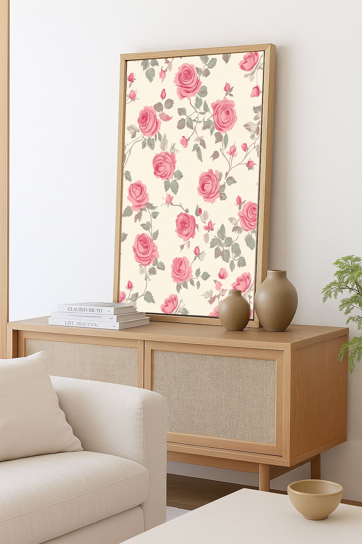 AKSU SANAT Pembe GüllerVintage ÇERÇEVELİ Kanvas Tablo, ÇİFT ÇERÇEVELİ Tablo 1KTBL27
